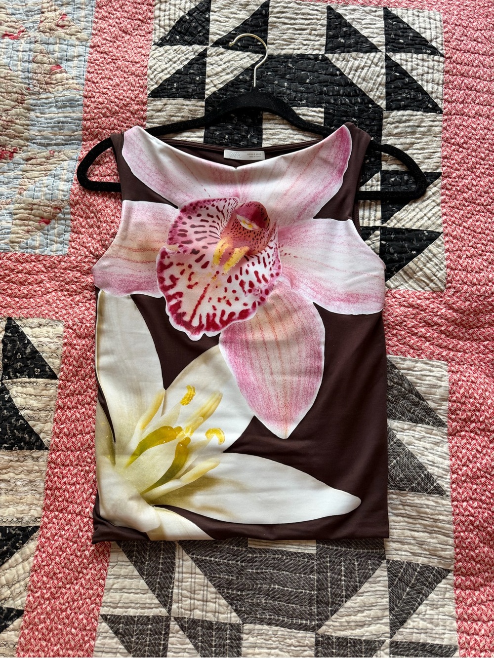 Zara Brown Tank Top with Pink & White Floral Print